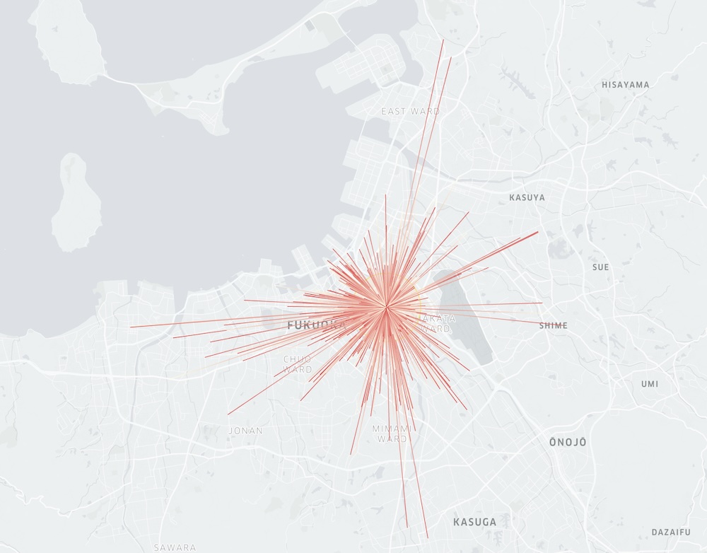 博多駅周辺ポート発着の広がりを示す地図